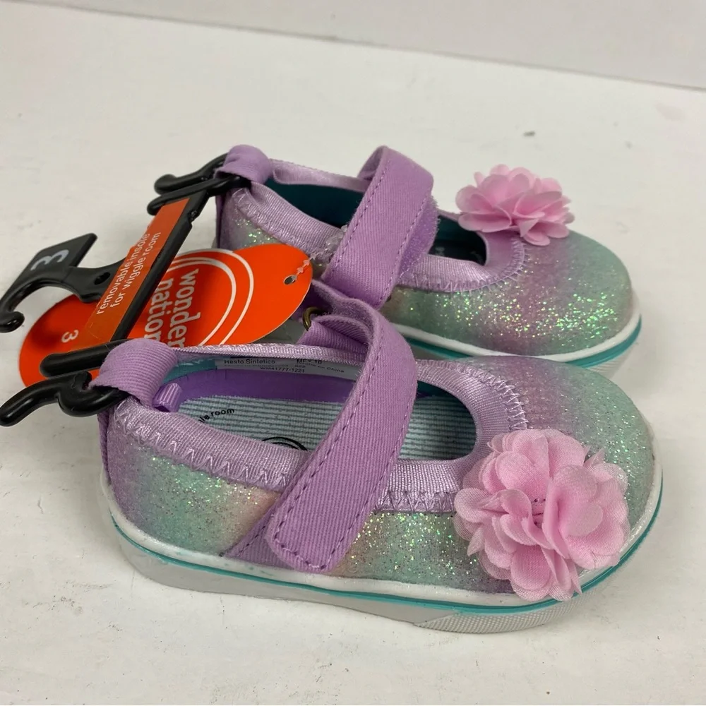 Wonder Nation Sparkle Glitter MaryJane Shoes Flower Purple Pink size 3 NWT